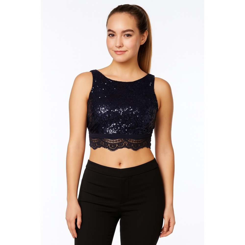 City Studio Womens Sequined Lace Trim Crop Top Navy Size 3 Zipper Back